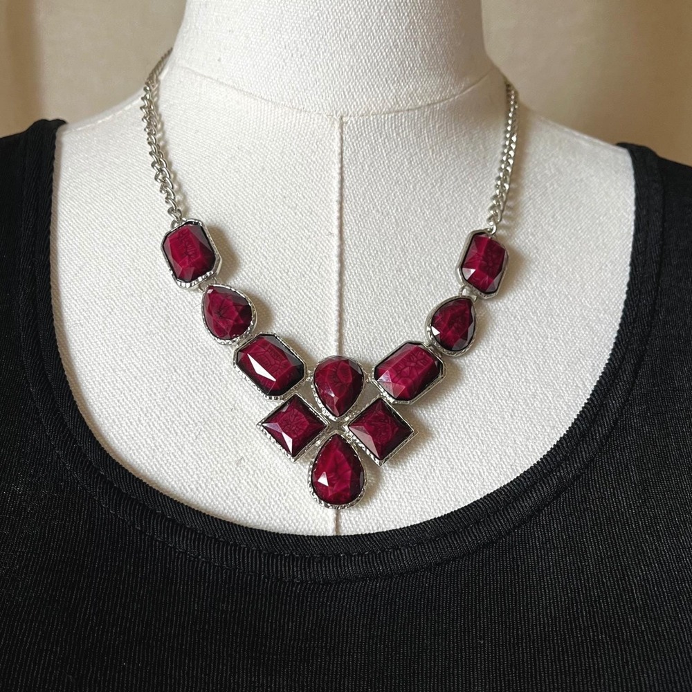 Statement Red Faceted Stone Necklace Silver Tone Geometric Adjustable 18-21"